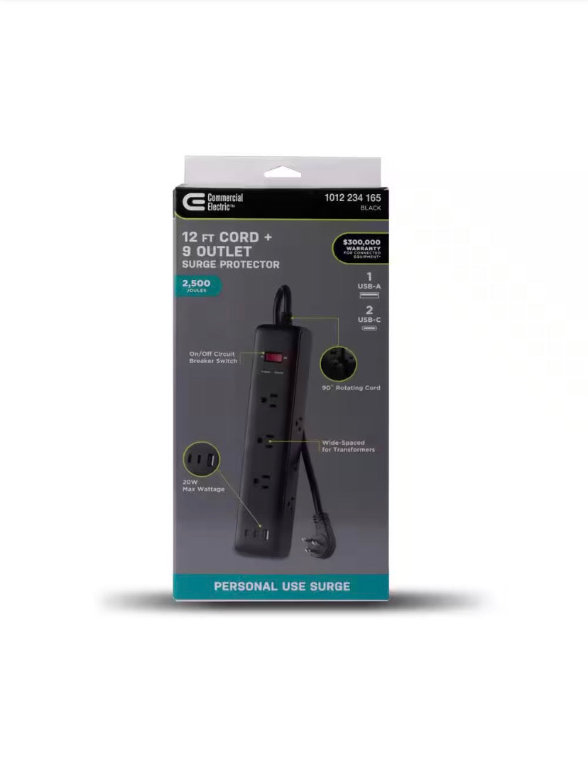 12 ft. 9-Outlet Surge Protector with 1 USB-A and 2 USB-C, Black