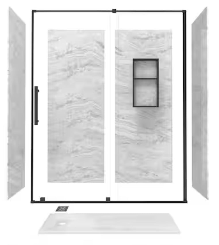SierraLight 32in. x60in. x 84in. Solid Composite Stone Alcove Shower Combo Kit Matching Matte Black Door,Niche and Drain