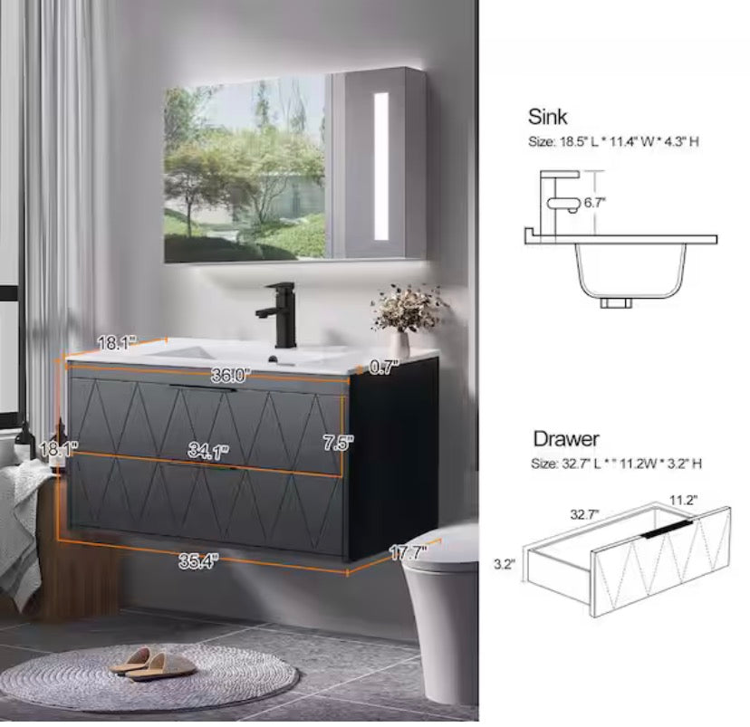 36 in. W x 18.1 in. D x 18.1 in. H Single Sink Floating Black Bath Vanity with White Integrated Composite Resin Top