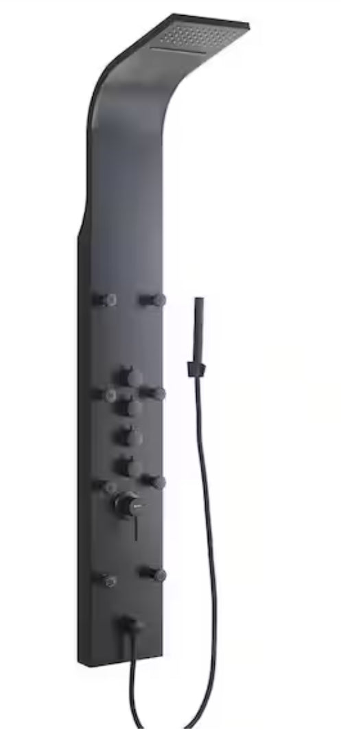 65 in. 8-Jet Rainfall Shower Panel System with Waterfall Shower Head and Shower Wand in Black Painted Stainless Steel