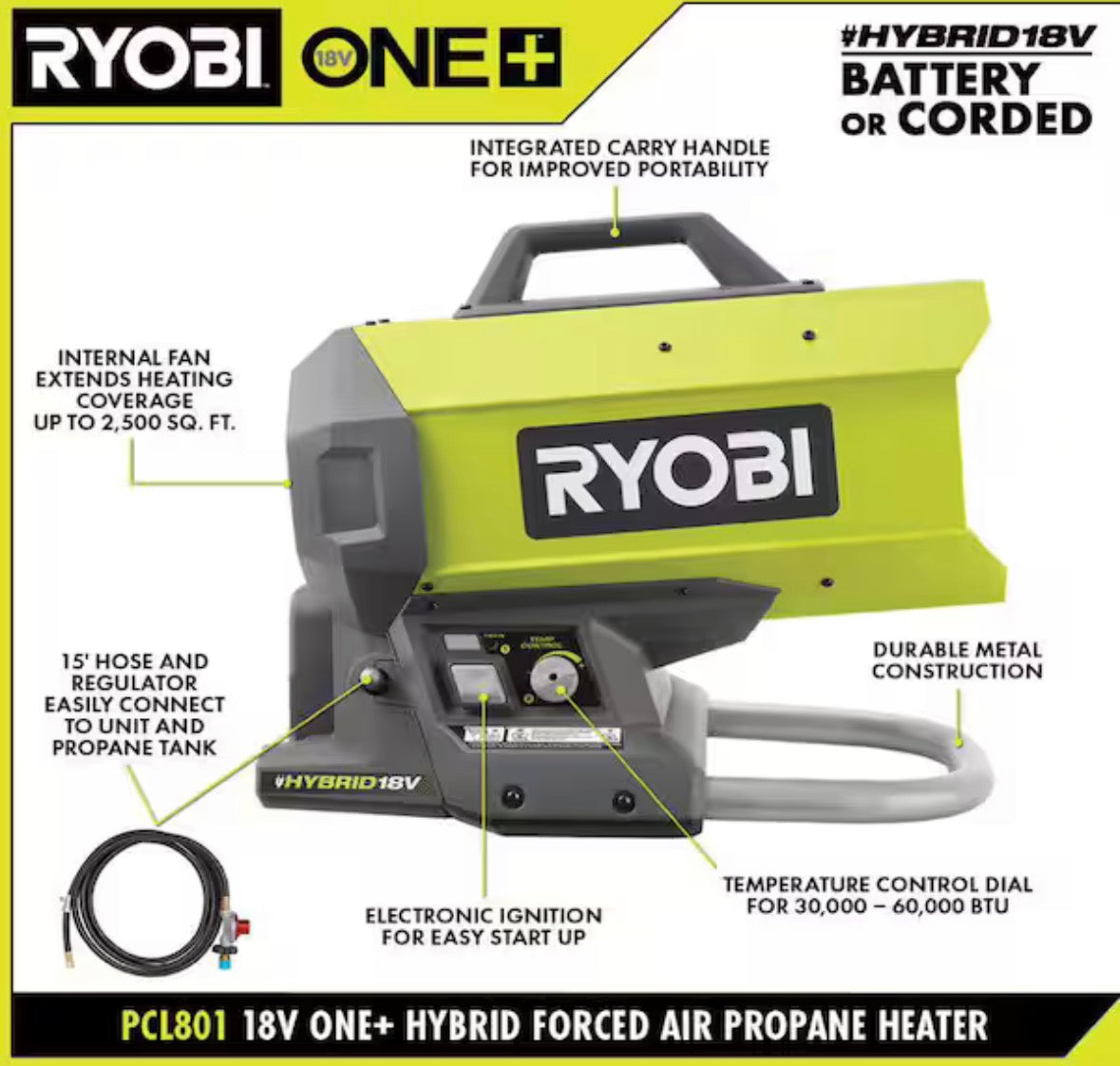 ONE+ 18V Cordless Hybrid Forced Air Propane Heater (Tool Only)