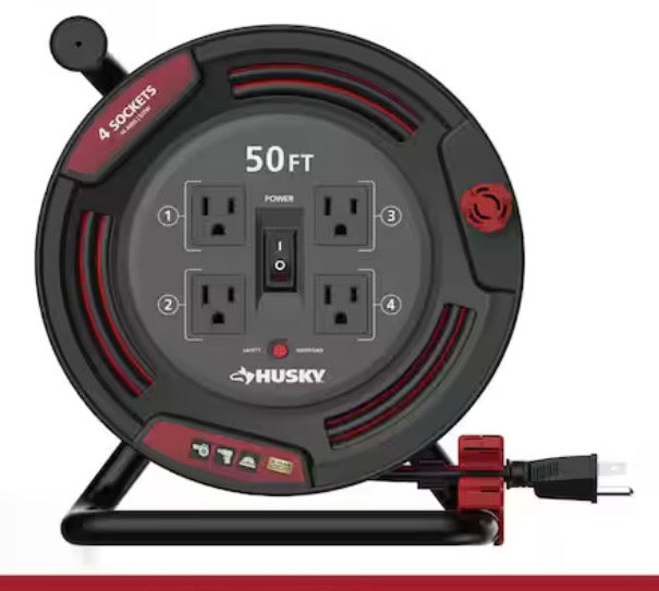 50 ft. 14/3 13AMP Retractable Extension Cord Reel with 4 Grounded Outlets Black