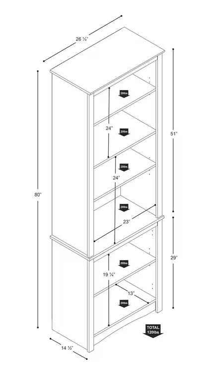 Sonoma 80 in. Tall White Engineered Wood 6-Shelf Bookcase, Farmhouse Book Shelf with 2-Adjustable Storage Shelves