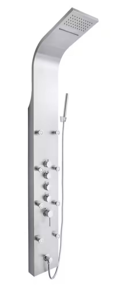 65 in. 8-Jet Rainfall Shower Panel System with Rainfall Waterfall Shower Head and Shower Wand in Stainless Steel