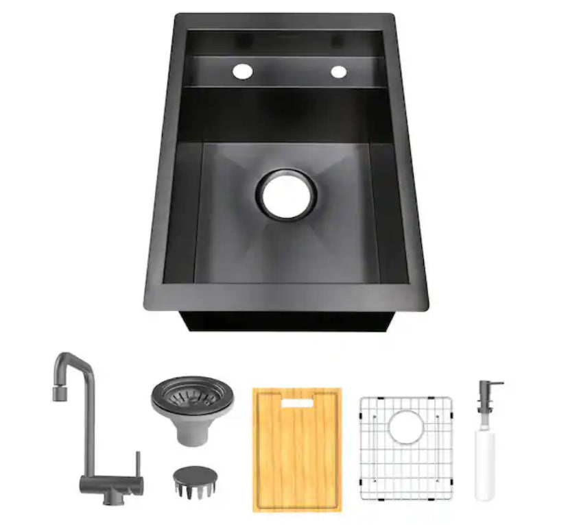 Zero Radius 15 in. Undermount 18G Gunmetal Black Stainless Steel Single Bowl Workstation Bar Sink with Folding Faucet