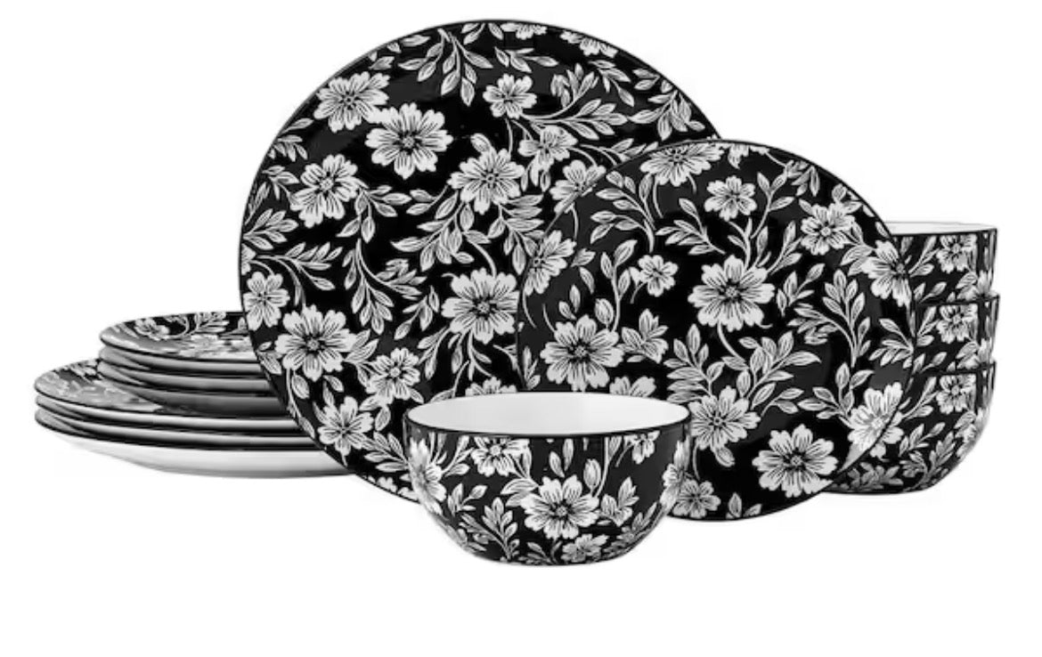 Midnight Blooms 12 Piece Floral Porcelain Dinnerware Set, Service for 4