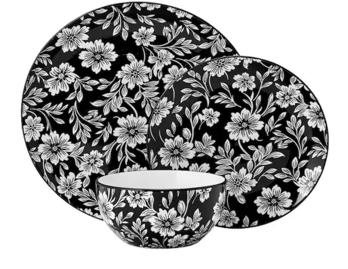 Midnight Blooms 12 Piece Floral Porcelain Dinnerware Set, Service for 4