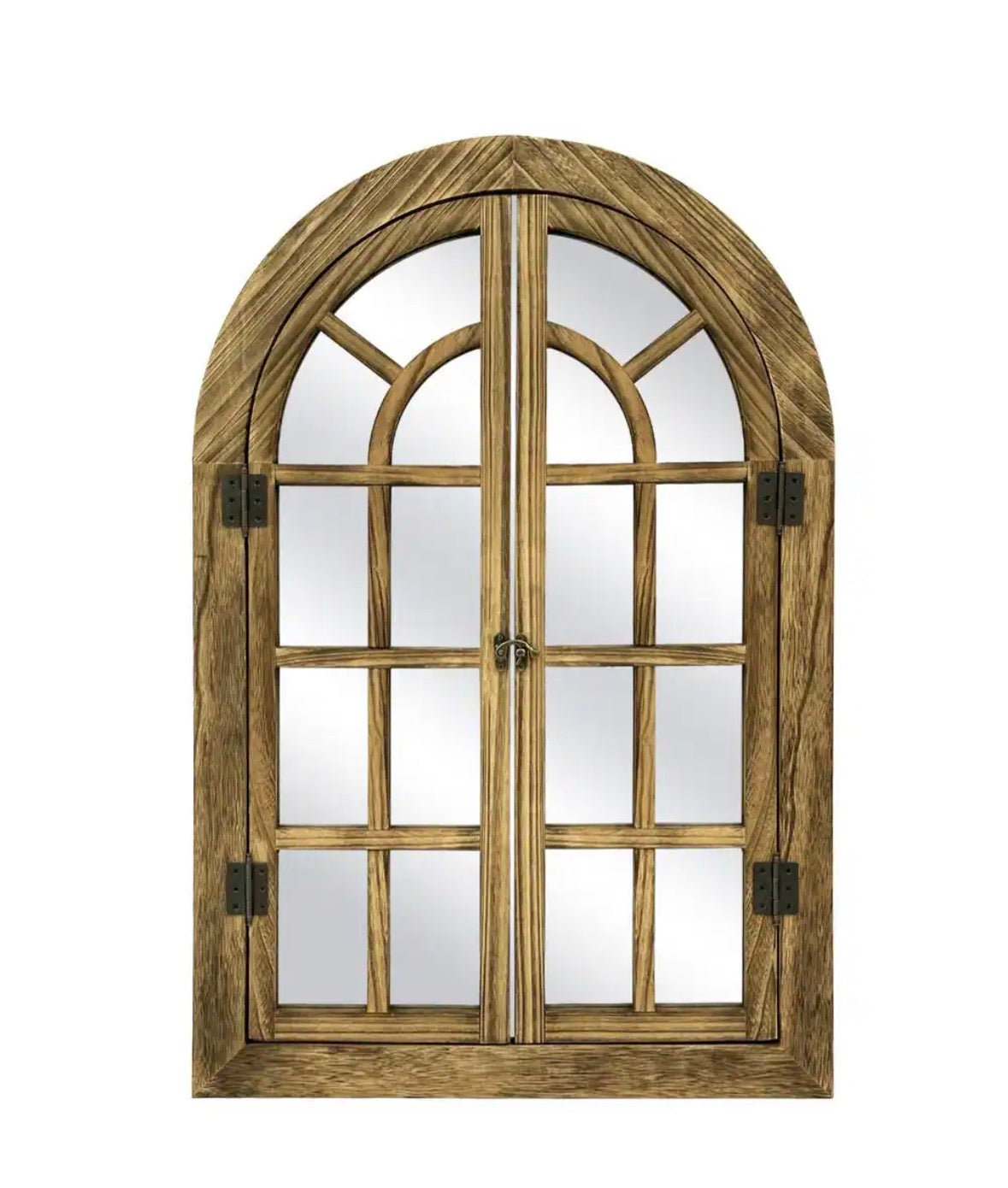 24 in. W x 36 in. H Farmhouse Arched Brown Wood Framed Windowpane Wall Mirror