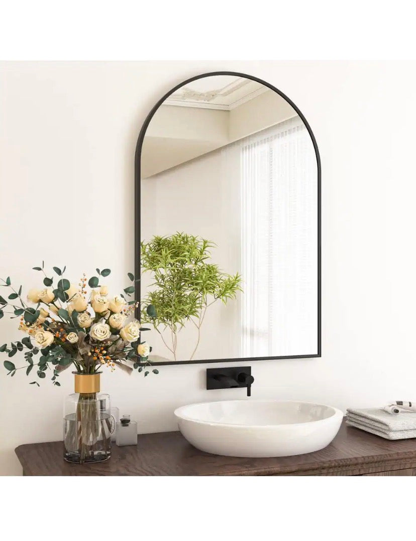 24 in. W x 36 in. H Arched Black Aluminum Alloy Framed Wall Mirror