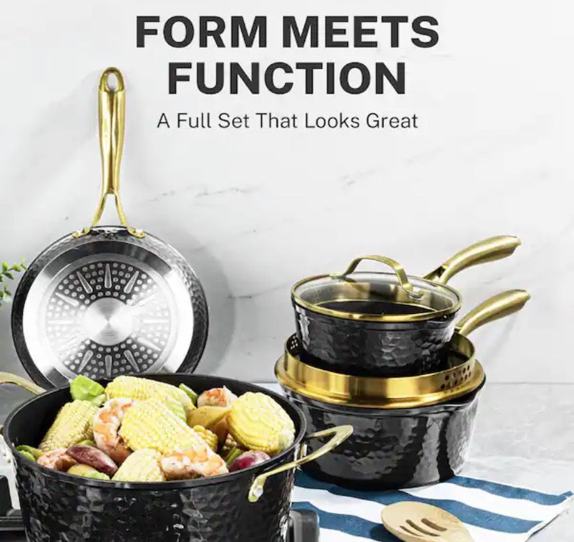 Charleston Collection 15-Piece Aluminum Hammered Ceramic Coating Nonstick Cookware Set with Utensils in Black