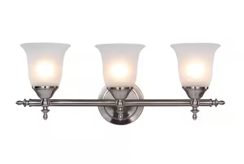 Olgelthorpe 22 in. 3-Light Brushed Nickel Bathroom Vanity Light Fixture with Bell Shaped Frosted Glass Shades