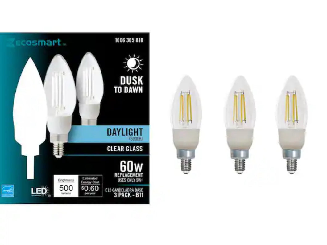 60-Watt Equivalent B11 E12 Candelabra CEC Cage Filament Dusk to Dawn LED Vintage Edison Light Bulb Daylight (3-Pack)