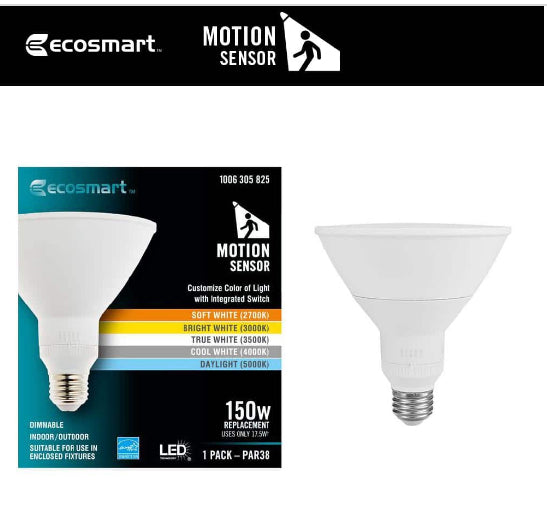 150-Watt Equivalent PAR38 Dimmable CEC Flood LED Motion Sense Light Bulb with Selectable Color Temperature (1-Pack)