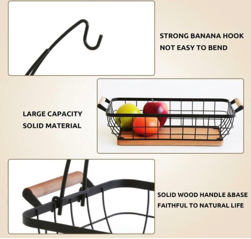 14 in. Metal Rectangular Fruit Basket with Banana Hanger and Wooden Base for Kitchen Counter, Black