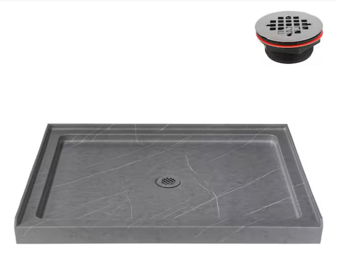 48 in. x 36 in. Alcove Acrylic Shower Pan Base in Matte Grey with Center Drain, Drain Included