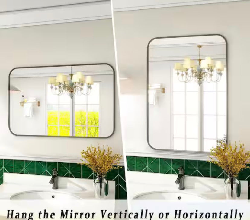 26 in. W x 37.8 in. H Rectangular Modern Aluminum Alloy Framed Rounded Black Wall Mirror