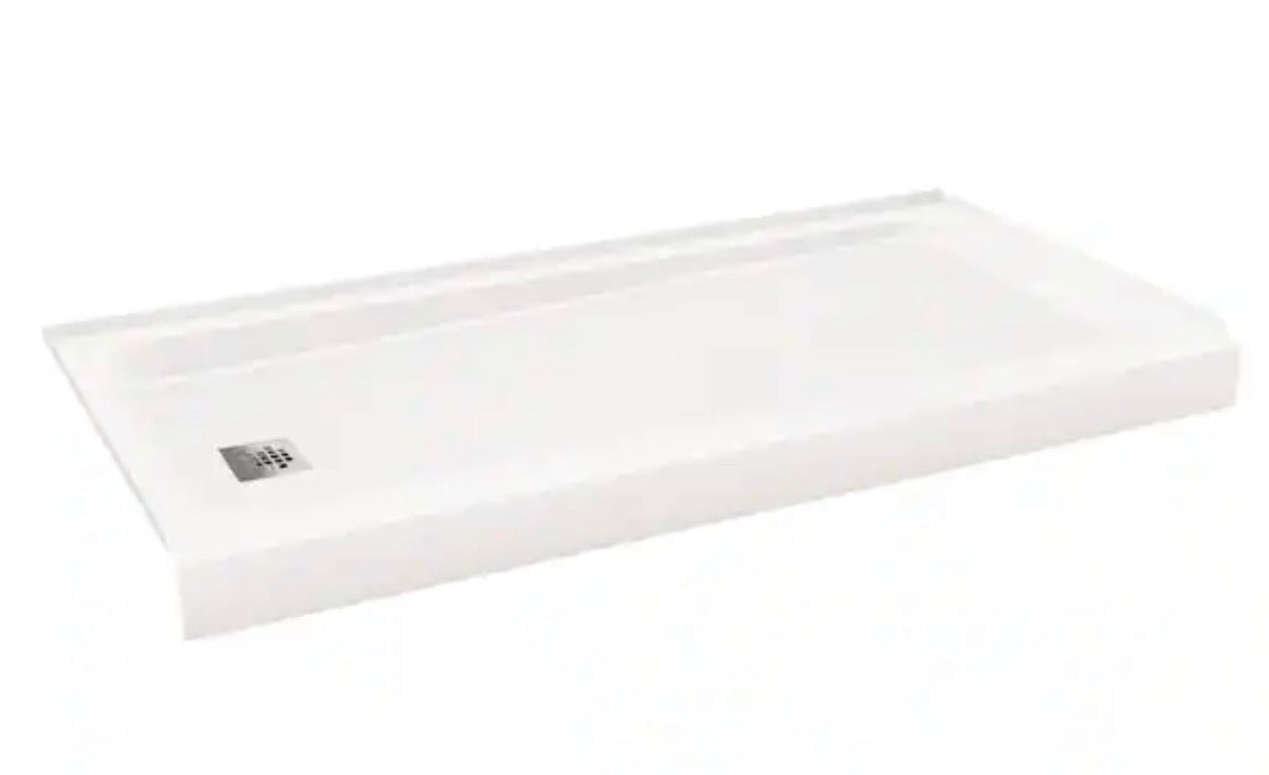ShowerCast Plus 60 in. x 32 in. Single Threshold Shower Pan in White Includes Square Chrome Shower Drain Kit Left Drain