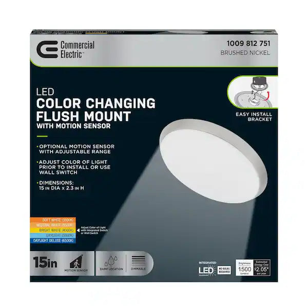 15 in. Brushed Nickel Integrated LED Dimmable Selectable CCT Flush Mount Indoor Ceiling Light