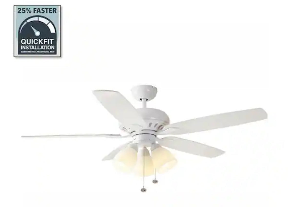 Rockport 52 in. Indoor LED Matte White Ceiling Fan with Light Kit, Downrod, Reversible Blades and Reversible Motor