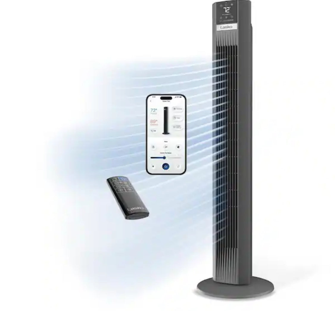 Xtra Air 48 in. 12-Speed Smart Tower Fan in Gray w/ DC Motor, Works w/ Alexa, Google, Whisper Quiet, Remote, 12 in. Dia
