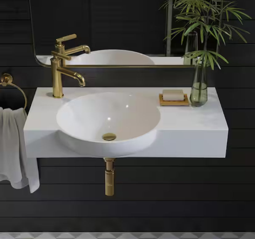 Chateau 29.31 in. Left Side Faucet Wall-Mount Ceramic Rectangular Bathroom Vessel Sink in Glossy White