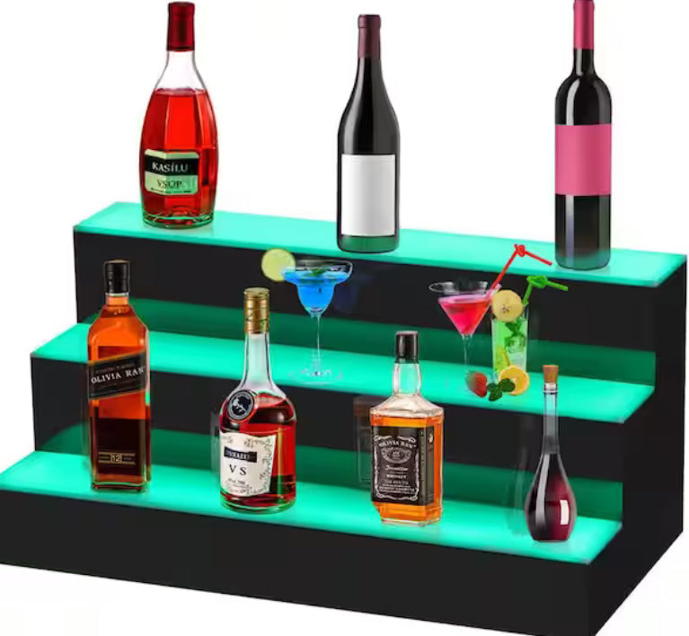 16-Bottle Corner LED Liquor Bottle Display Shelf 24 in. LED Bar Shelves for Liquor 3-Step Wine Rack for Commercial Bar