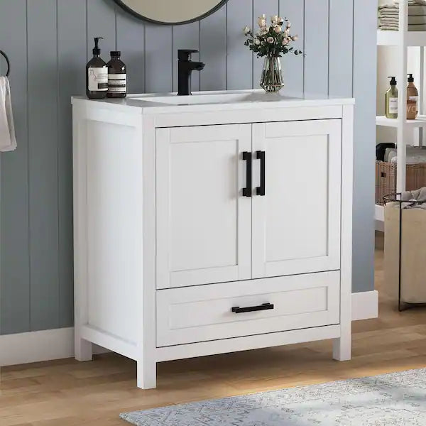 Vivi 31 in.W Single Sink White Freestanding Bath Vanity with White Engineered Solid Surface Top Unassembled