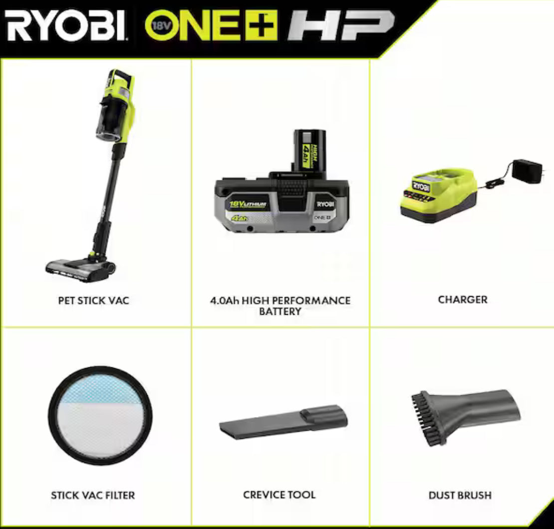ONE+ HP 18V Brushless Cordless Pet Stick Vacuum Cleaner Kit with 4.0 Ah HIGH PERFORMANCE Battery and Charger