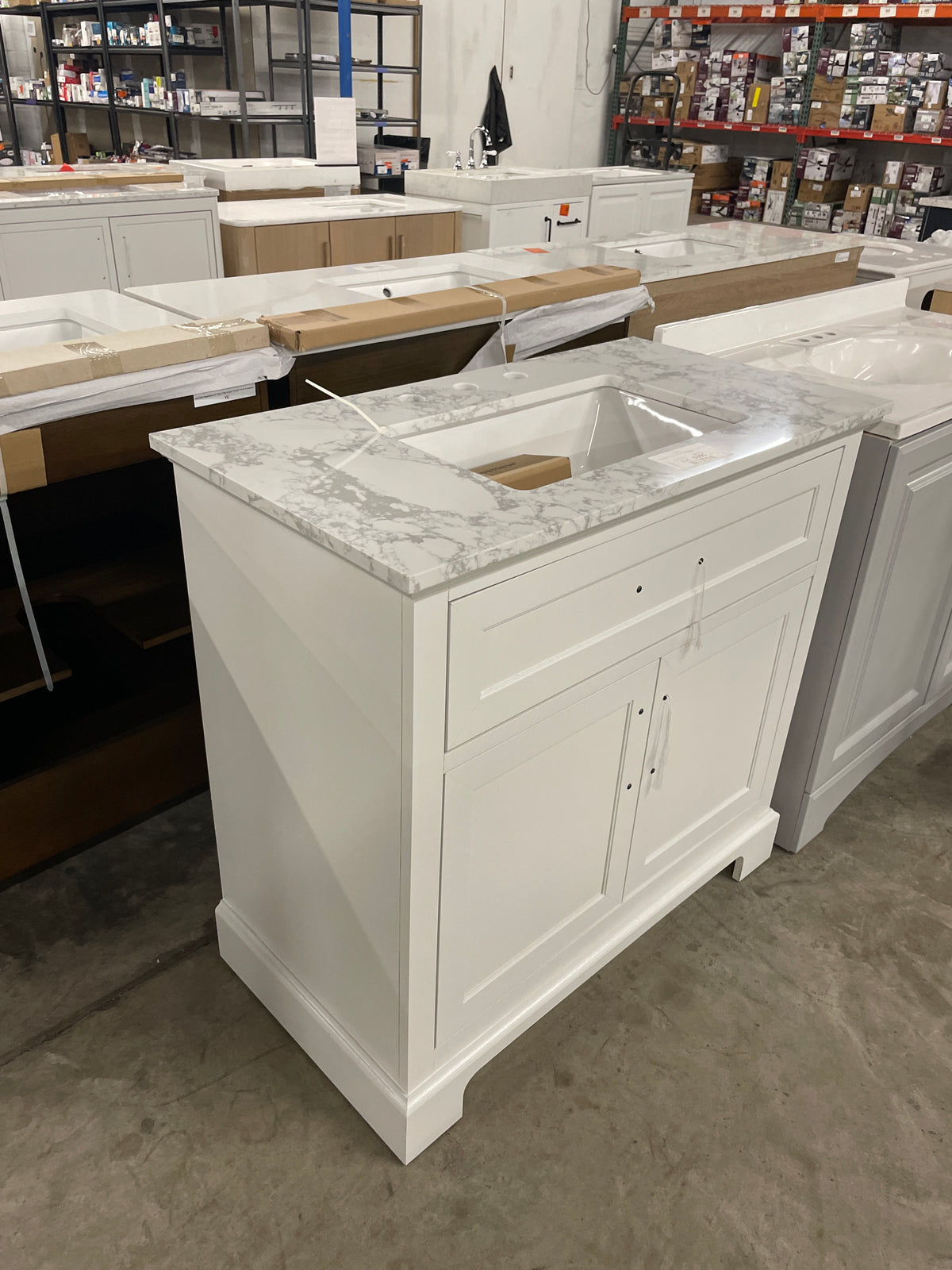 Doveton 36 in. W x 19 in. D x 34.50 in. H Freestanding Vanity in Weathered Tan with White Engineered Stone Top