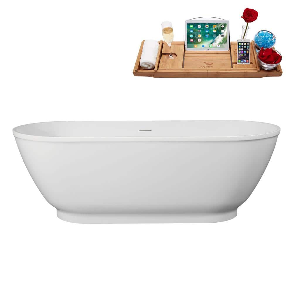 67 in. x 29 in. Acrylic Freestanding Soaking Bathtub in Glossy White with Brushed Gold Drain, Bamboo