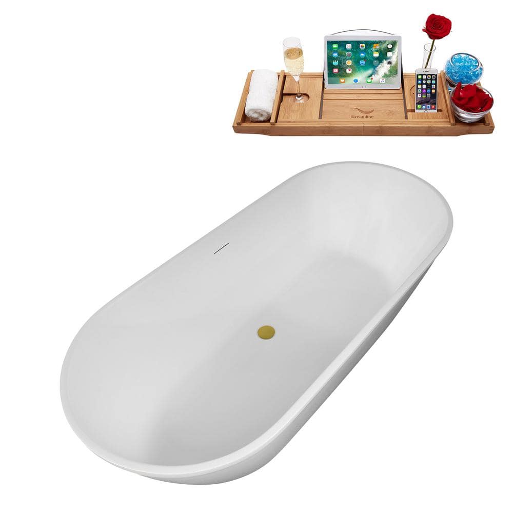 67 in. x 29 in. Acrylic Freestanding Soaking Bathtub in Glossy White with Brushed Gold Drain, Bamboo