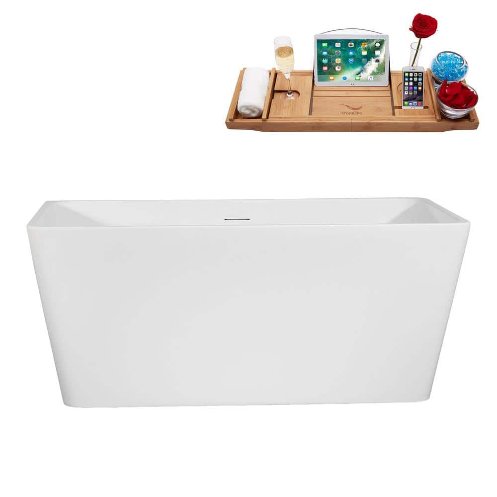 51 in. x 28 in. Acrylic Freestanding Soaking Bathtub in Glossy White with Matte Black Drain, Bamboo