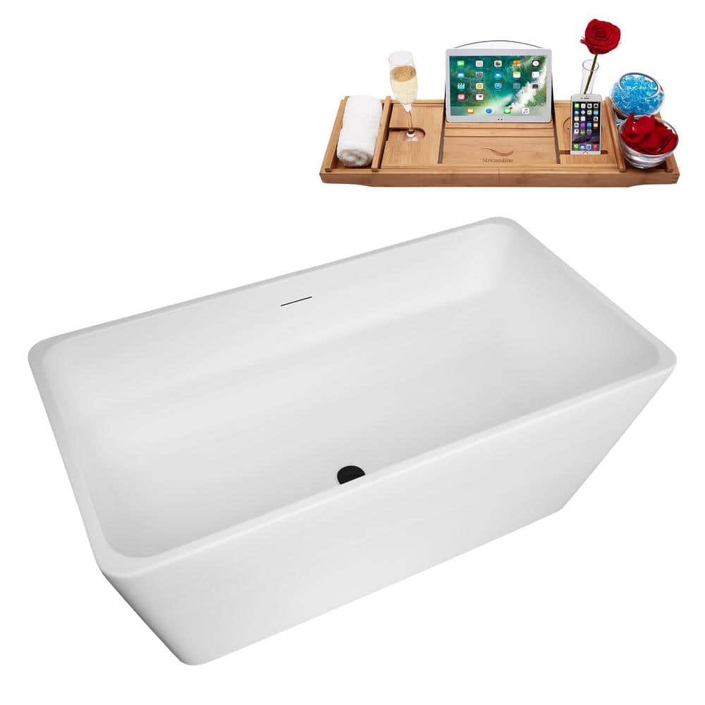 51 in. x 28 in. Acrylic Freestanding Soaking Bathtub in Glossy White with Matte Black Drain, Bamboo