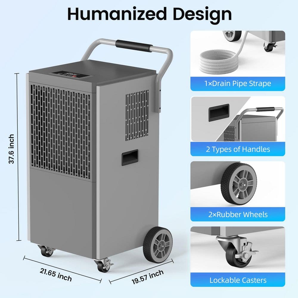 230 pt. 8,500 sq.ft. Bucketless Commercial Dehumidifier for Basement in Gray, Drain Hose,10%-95%RH A