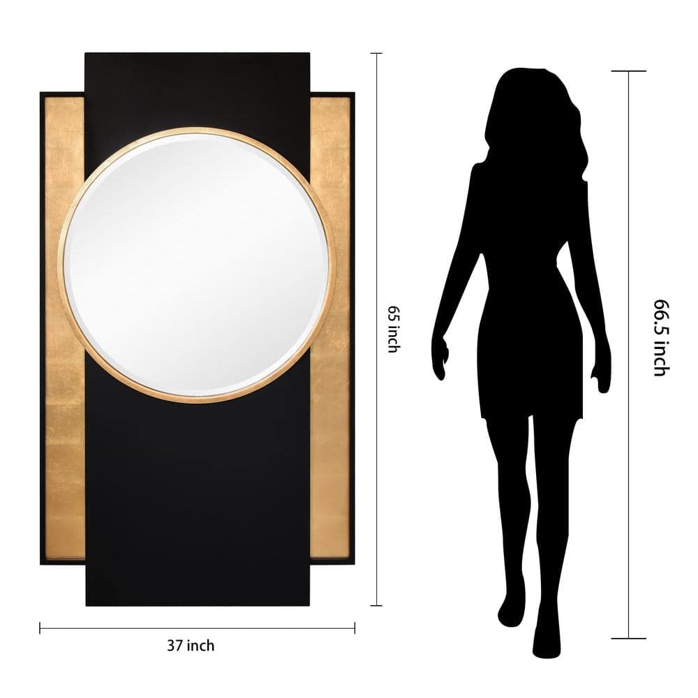 "Gold and Black Wall Mirror", 37 in. x 65 in. Beveled Center Round Mirror Featuring a Black and Gold