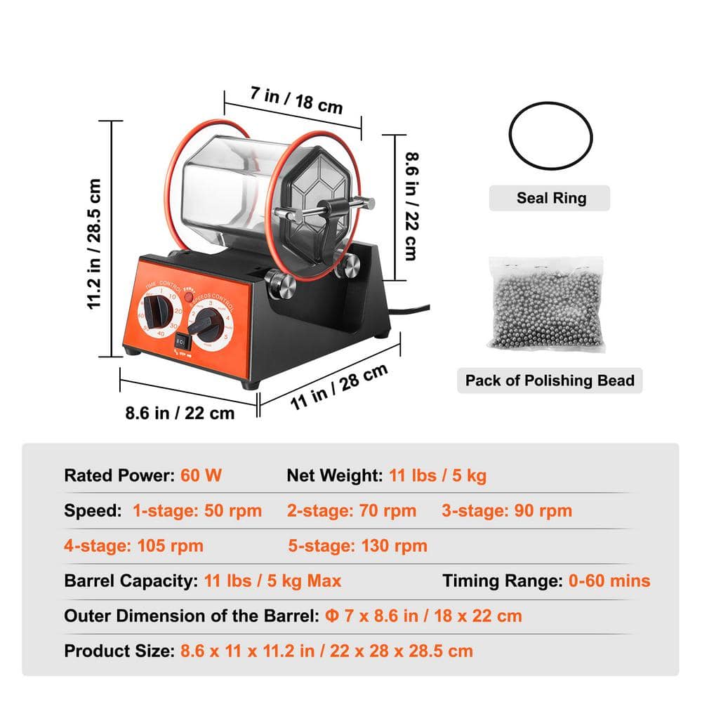 Jewelry Polisher Tumbler, 11 lbs./5kg Capacity Mini Rotary Machine with 0-60 Min Timer, 5-Speed Rota
