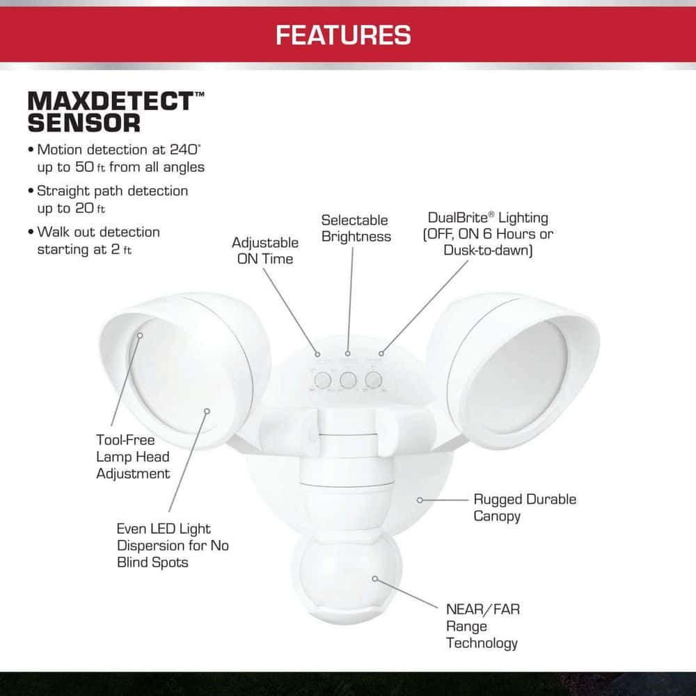 MaxDetect 240° White Motion Sensing Wired Outdoor 2-Head LED Security Flood Light 1400 Lumens