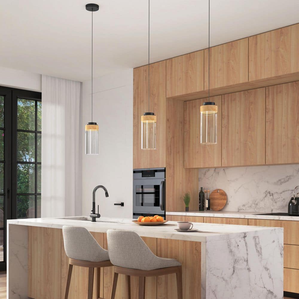 Hanson 14-Watt 1-Light Modern Black and Wood 5CCT Integrated LED Hanging Pendant Light with Clear