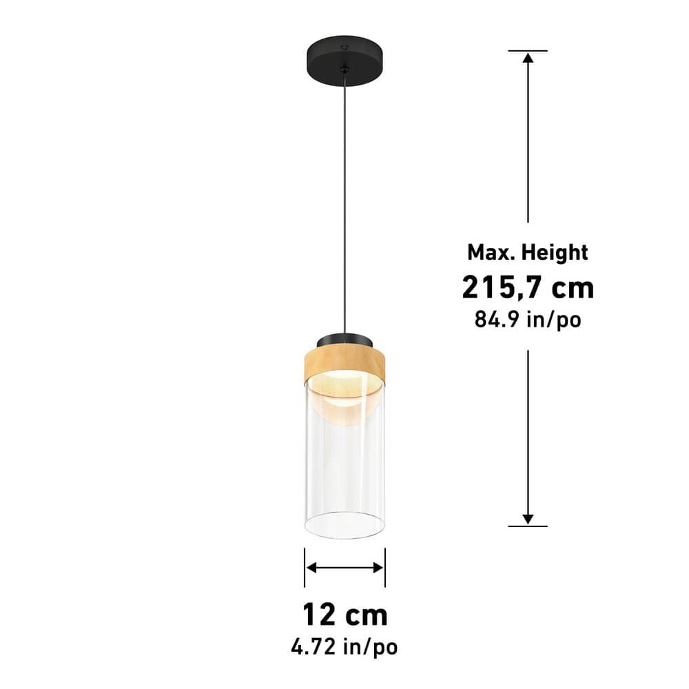Hanson 14-Watt 1-Light Modern Black and Wood 5CCT Integrated LED Hanging Pendant Light with Clear