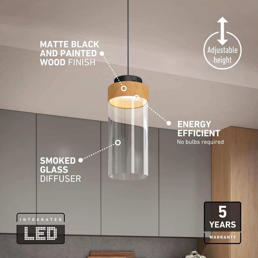 Hanson 14-Watt 1-Light Modern Black and Wood 5CCT Integrated LED Hanging Pendant Light with Clear