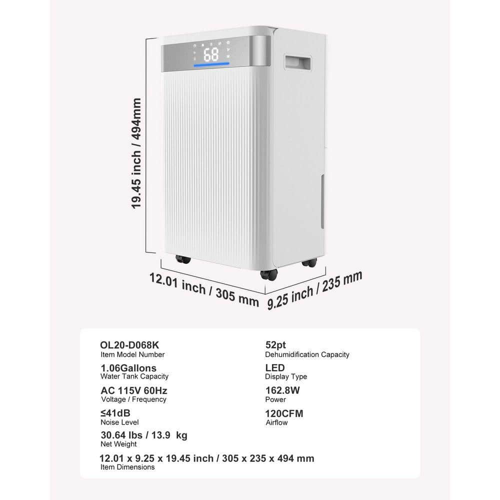 52 pt. 3000 sq. ft. Dehumidifier, Bucketless Commercial Dehumidifier in. White with Smart Humidity C