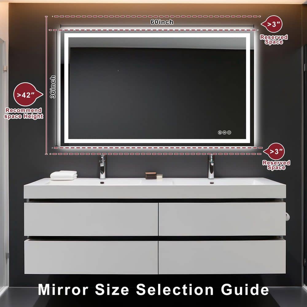 36 in. W x 60 in. H Rectangular Frameless LED Light Anti-Fog Wall Mirror Bathroom Vanity Mirror