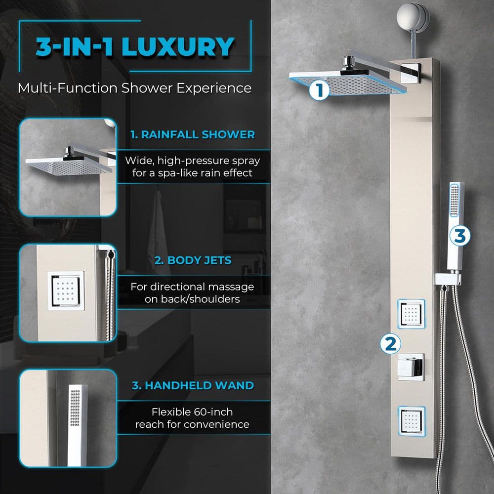 39 in. 2-Jetted Shower with Heavy Rain Showerhead and Spray Wand, Full Body Shower System in Brushed