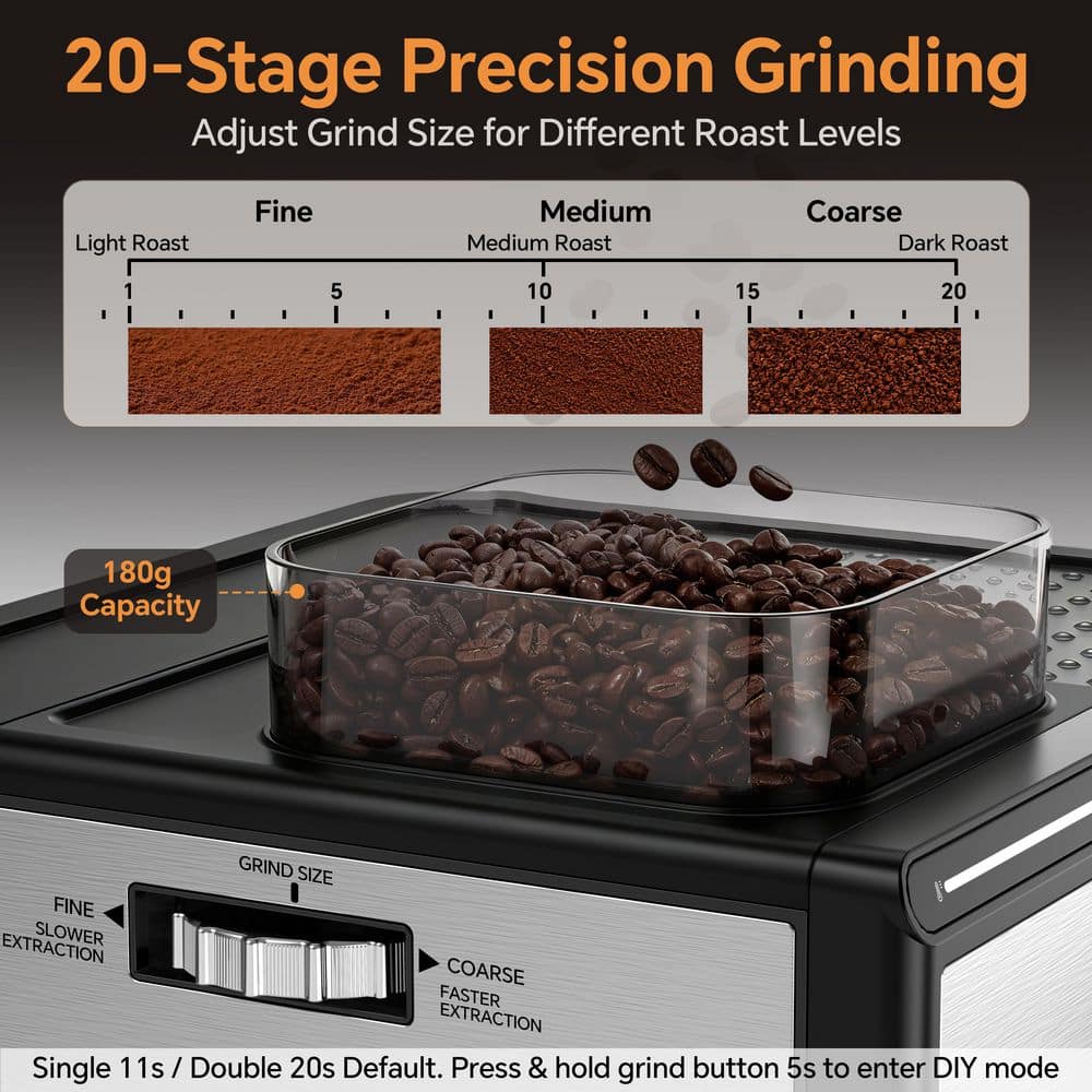 2-Cup Silver Semi-Automatic Espresso Machine with Built-In Grinder, 20-Bar Extraction, NTC Temp Cont
