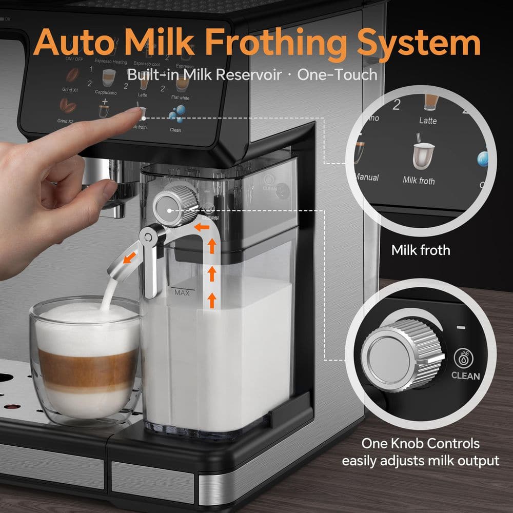 2-Cup Silver Semi-Automatic Espresso Machine with Built-In Grinder, 20-Bar Extraction, NTC Temp Cont
