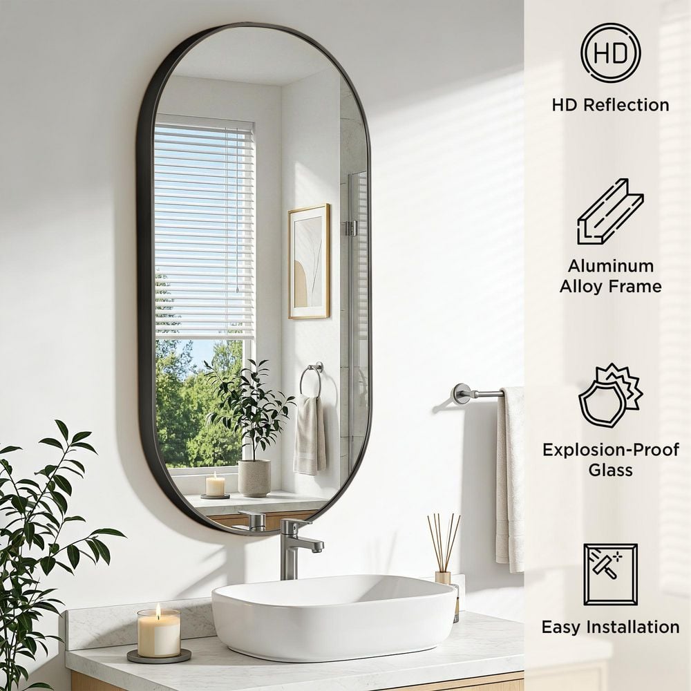 19.7 in. W x 39.4 in. H Oval Black Decorative Aluminum Alloy Framed Wall Mirror