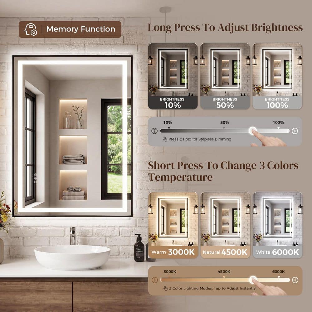 30 in. W x 40 in. H Rectangle Framed Matte Black Wall LED Mirror Anti-Fog Touch Dimmer with Memory