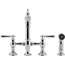 Load image into Gallery viewer, Artifacts 2-Handle Bridge Kitchen Faucet with Lever Handles and Side Spray in Polished Chrome
