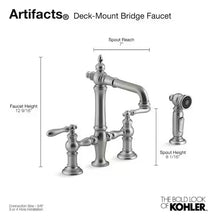 Load image into Gallery viewer, Artifacts 2-Handle Bridge Kitchen Faucet with Lever Handles and Side Spray in Polished Chrome

