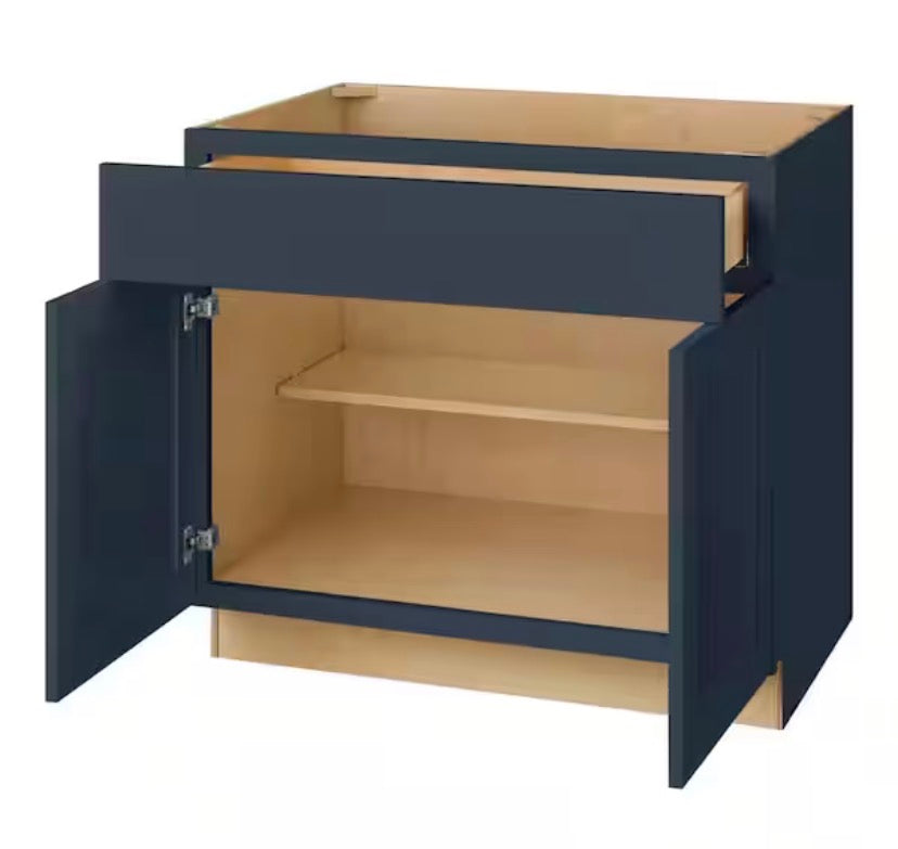 Avondale 36 in. W x 24 in. D x 34.5 in. H Ready to Assemble Plywood Shaker Base Kitchen Cabinet in Ink Blue